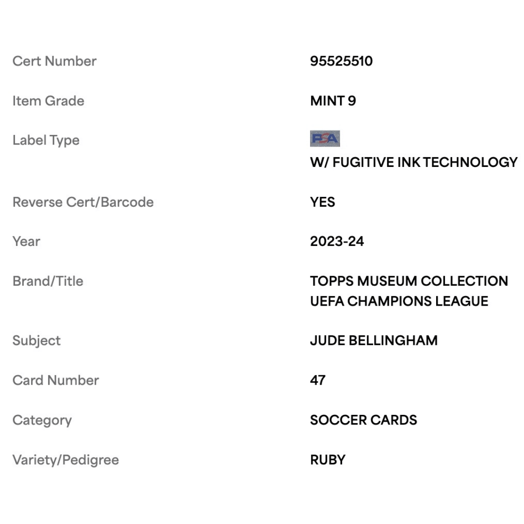 Jude Bellingham PSA 9 2023-24 Topps Museum Collection UEFA Champions League Ruby #d/ 25 Card #47