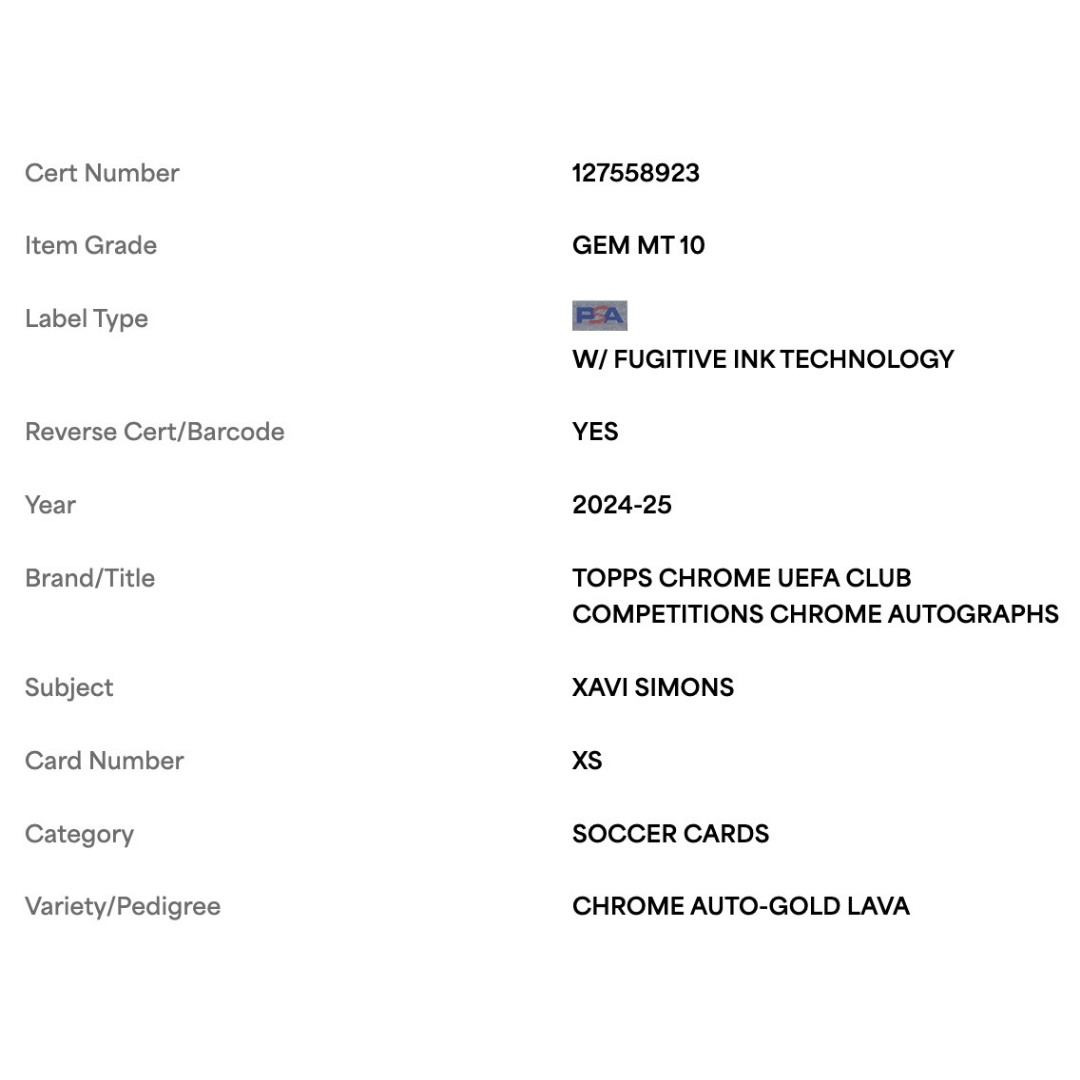 Xavi Simons PSA 10 2024-25 Topps Chrome UEFA Club Competitions Autograph Gold Lava #d/ 50 Card #XS