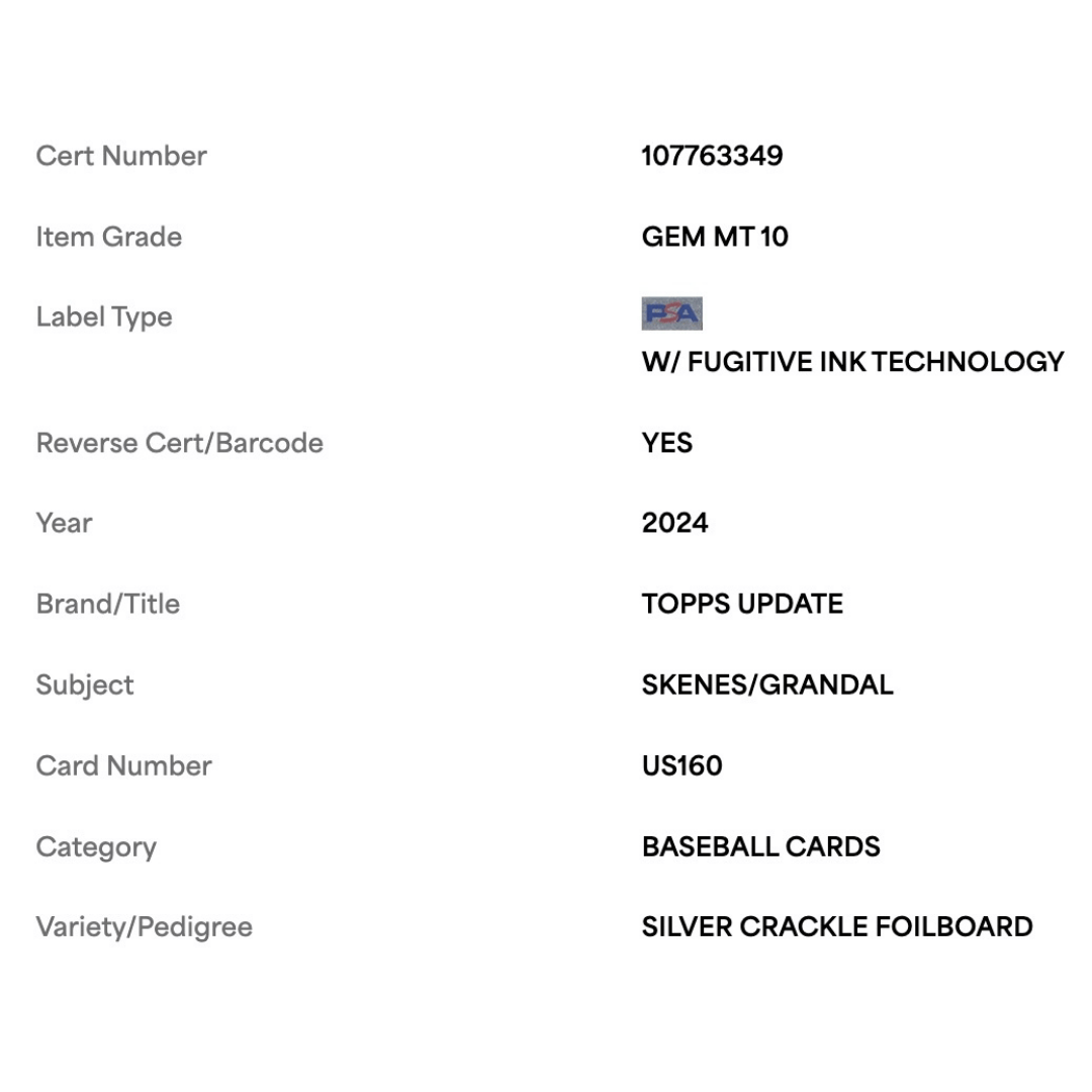 Paul Skenes & Yasmani Grandal PSA 10 2024 Topps Update Silver Crackle Foil Board Card #US160