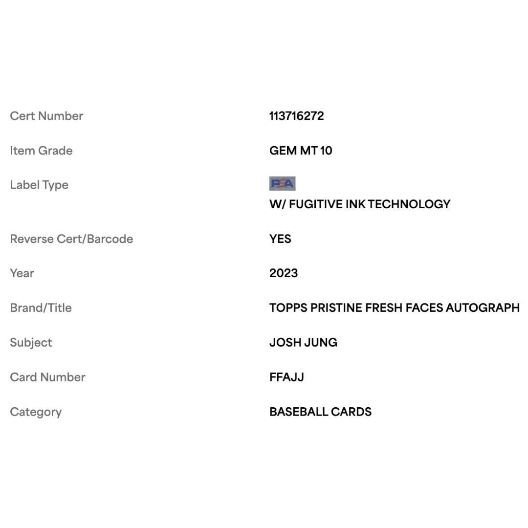 Josh Jung PSA 10 2023 Topps Pristine Fresh Faces Autograph Card #FFAJJ