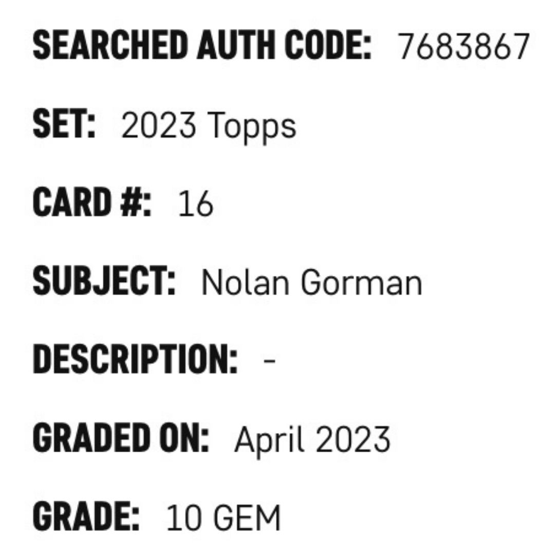 Nolan Gorman SGC 10 2023 Topps Rookie RC Card #16