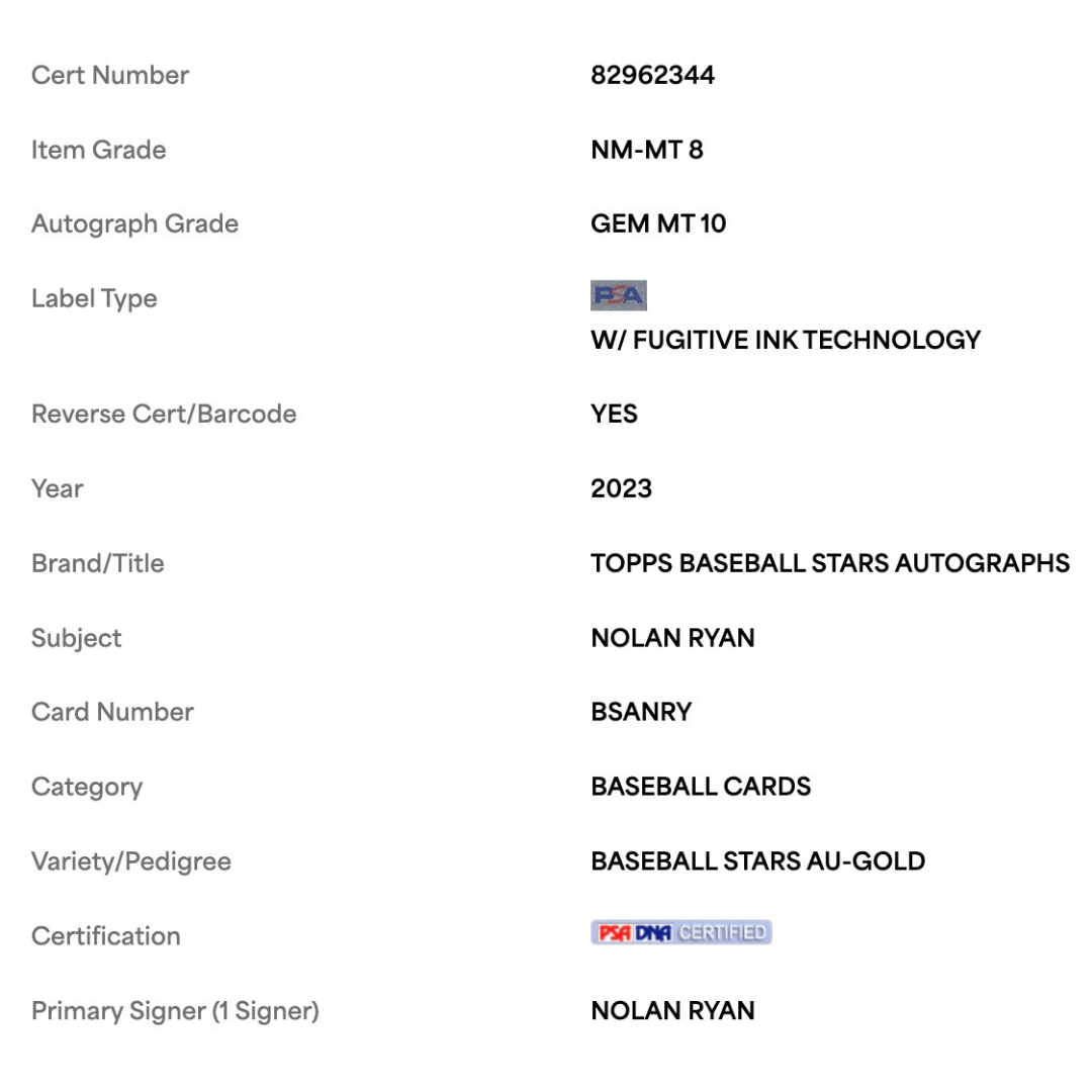 Nolan Ryan PSA 8 2023 Topps Baseball Stars Autograph Gold #d/ 50 Card #BSANRY