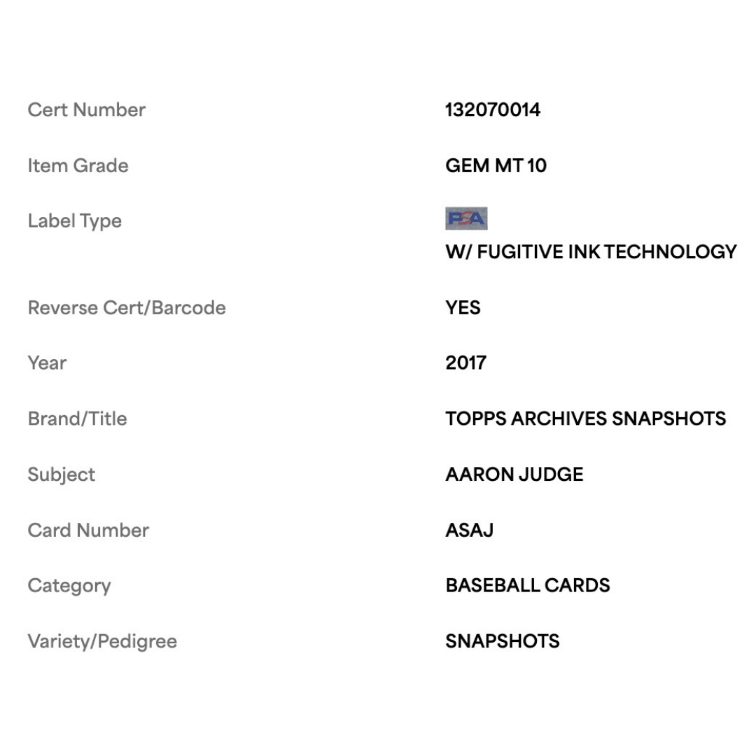 Aaron Judge PSA 10 2017 Topps Archives Snapshots RC Card #ASAJ