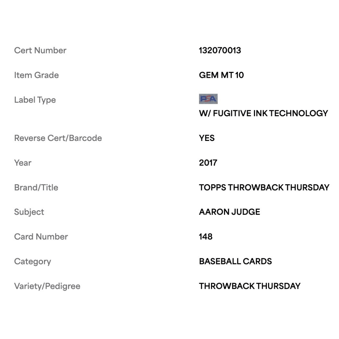 Aaron Judge PSA 10 2017 Topps Throwback Thursday RC Card #148