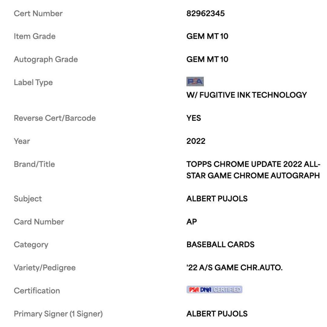 Albert Pujols PSA 10 2022 Topps Chrome Update 2022 All Star Game Chrome Autograph Card #AP
