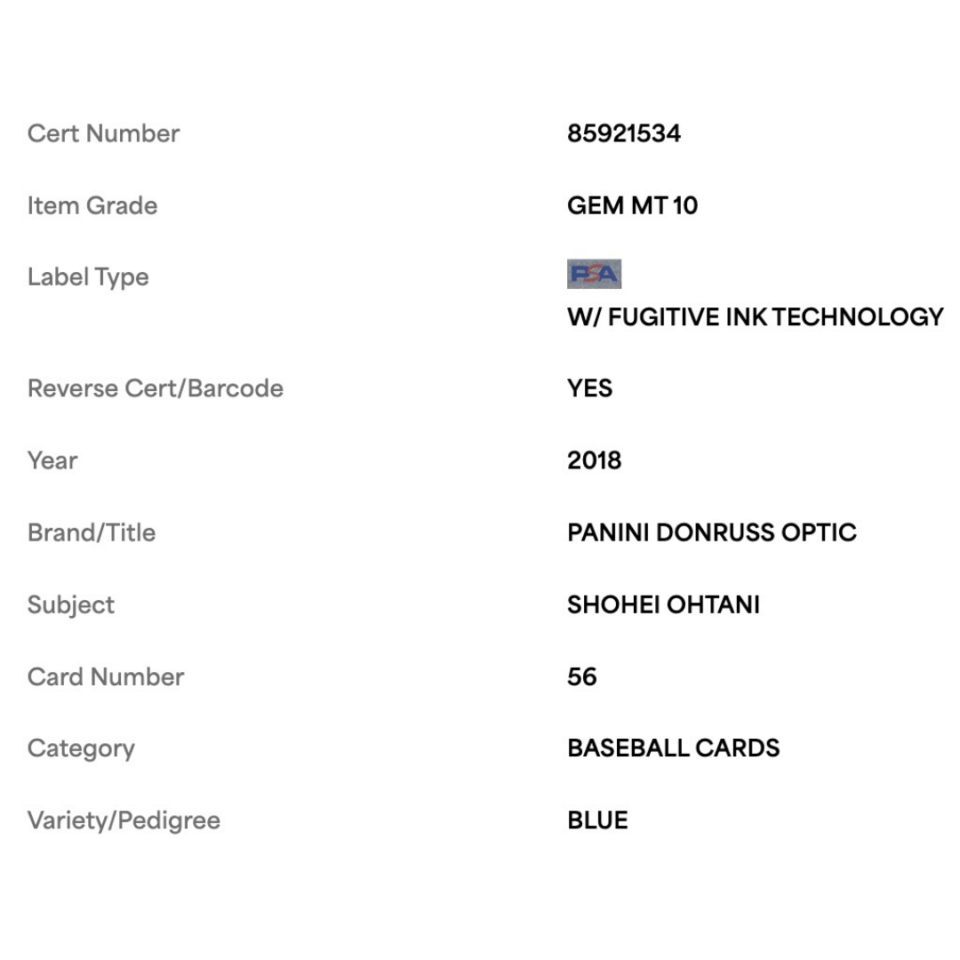 Shohei Ohtani PSA 10 2018 Panini Donruss Optic Batting Blue Rated Rookie #d/ 149 Card #56