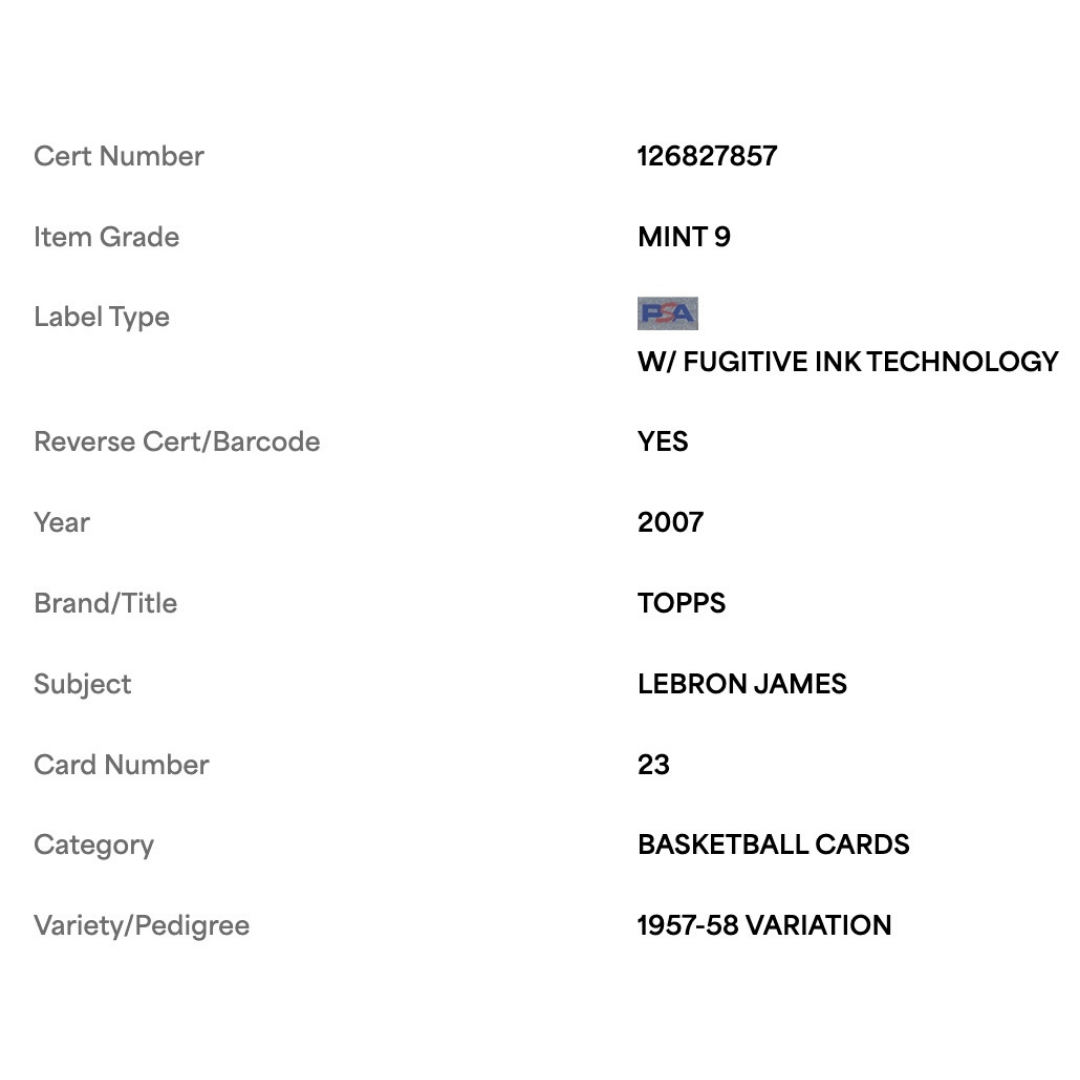 LeBron James PSA 9 2007 Topps 1957-58 Variation Card #23