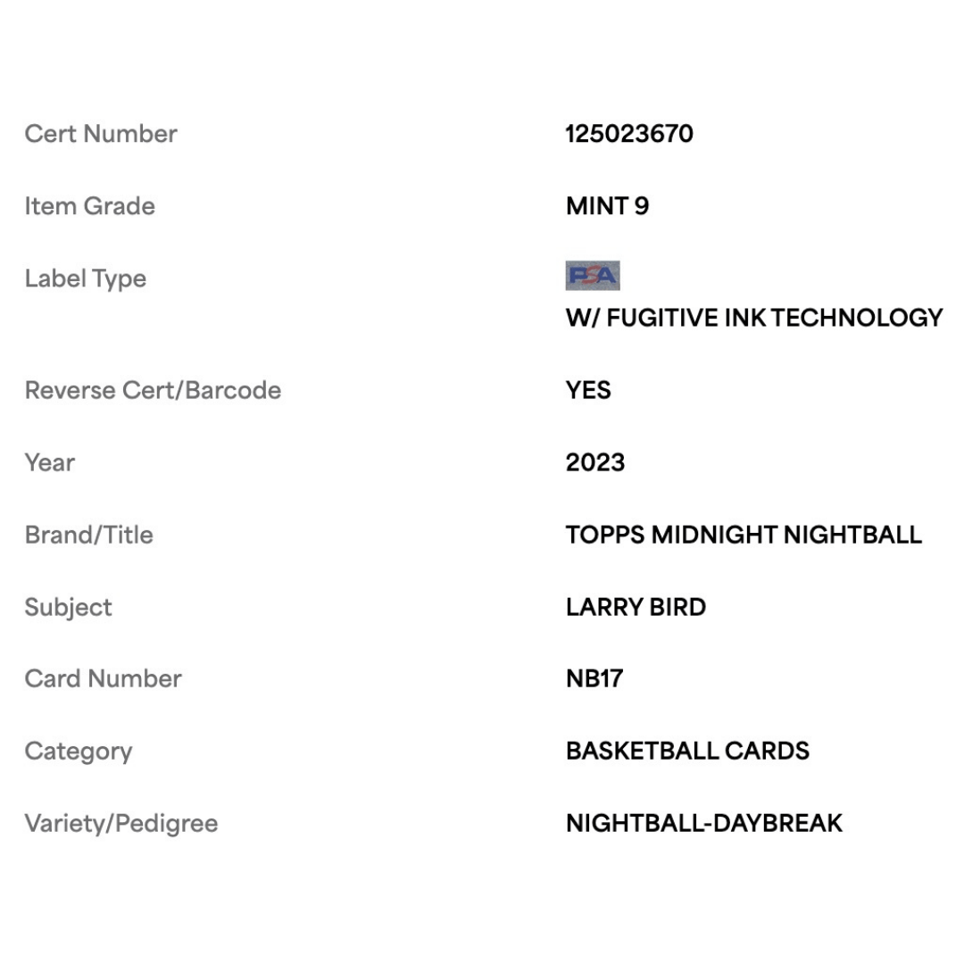 Larry Bird PSA 9 2023 Topps Midnight Nightball Daybreak #1/ 5 Card #NB17