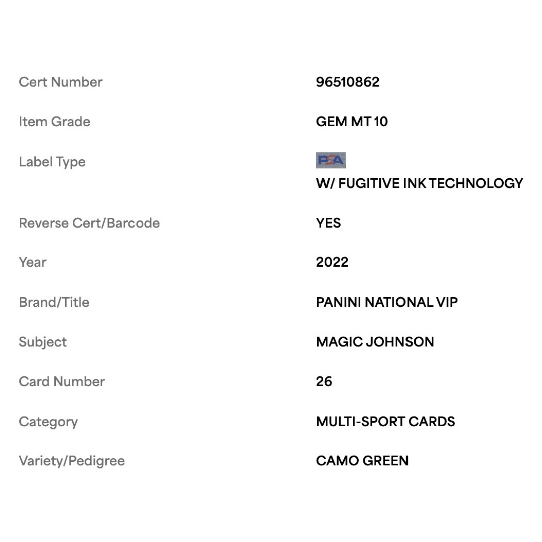 Magic Johnson PSA 10 2022 Panini National VIP Camo Green #d/ 25 Card #26