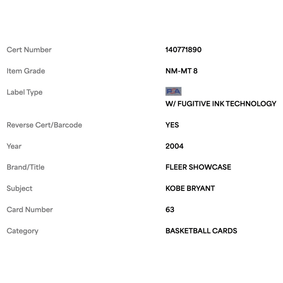 Kobe Bryant PSA 8 2004 Fleer Showcase Card #63