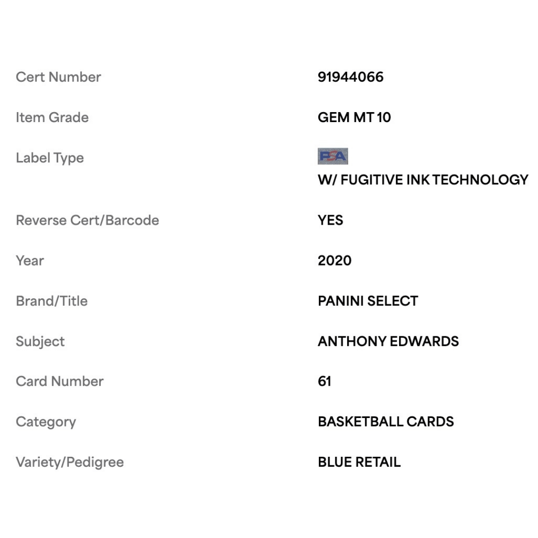 Anthony Edwards PSA 10 2020 Panini Select Blue Retail Card #61