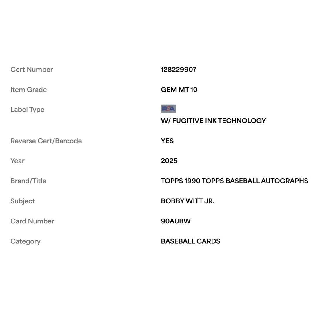 Bobby Witt Jr PSA 10 2025 Topps 1990 Topps Autograph Card #90AUBW