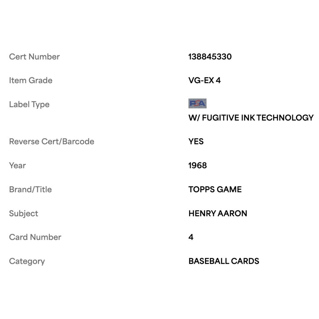 Henry Aaron PSA 4 1968 Topps Card #4