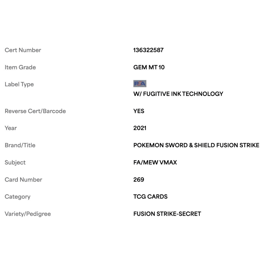 Full Art/ Mew VMAX PSA 10 2021 Pokemon Sword & Shield Fusion Strike - Secret Card #269