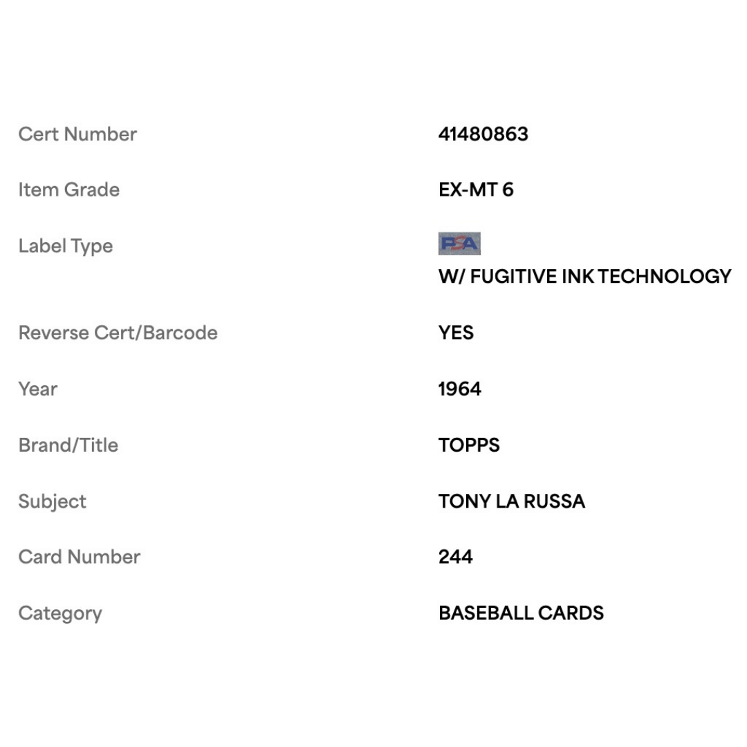 Tony LaRussa PSA 6 1964 Topps Card #244