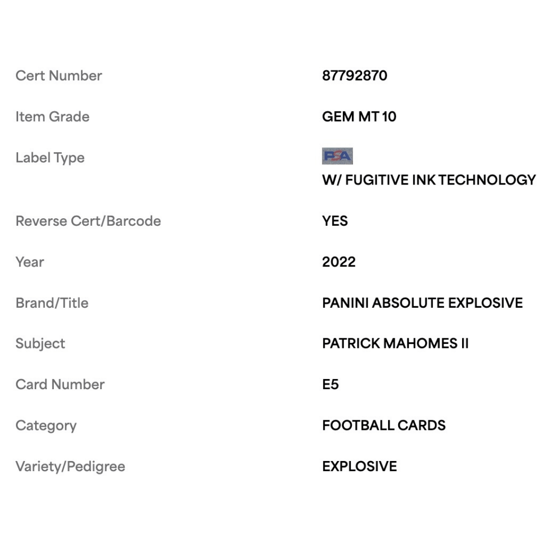Patrick Mahomes PSA 10 2022 Panini Absolute Explosive Case Hit Card #E5