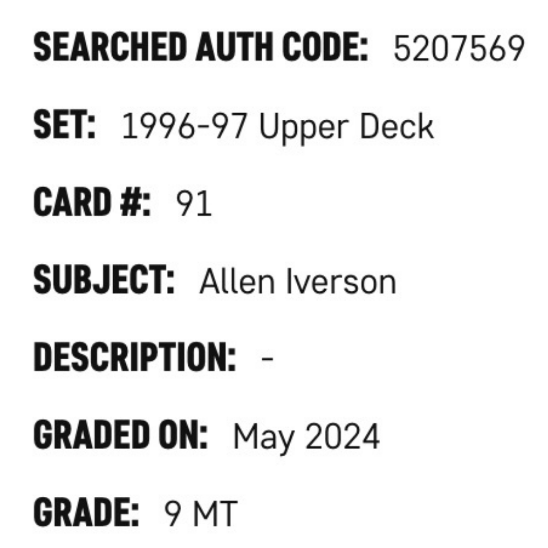 Allen Iverson SGC 9 1996-97 Upper Deck Card #91
