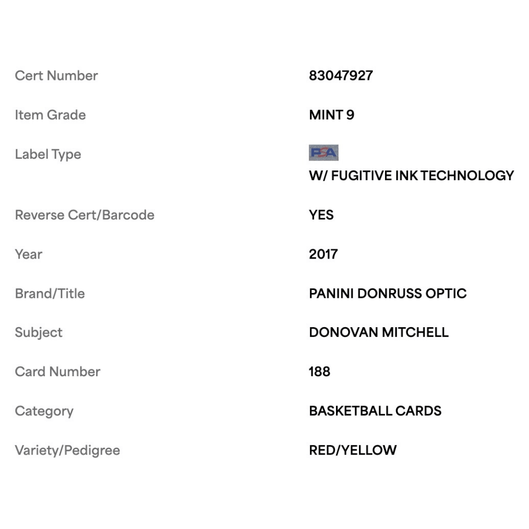Donovan Mitchell PSA 9 2017 Panini Donruss Optic Red/ Yellow Card #188