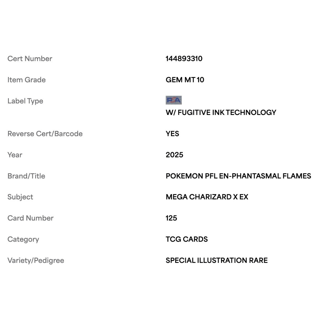 Mega Charizard X ex PSA 10 2025 Pokemon Phantasmal Flames Special Illustration Rare Card #125