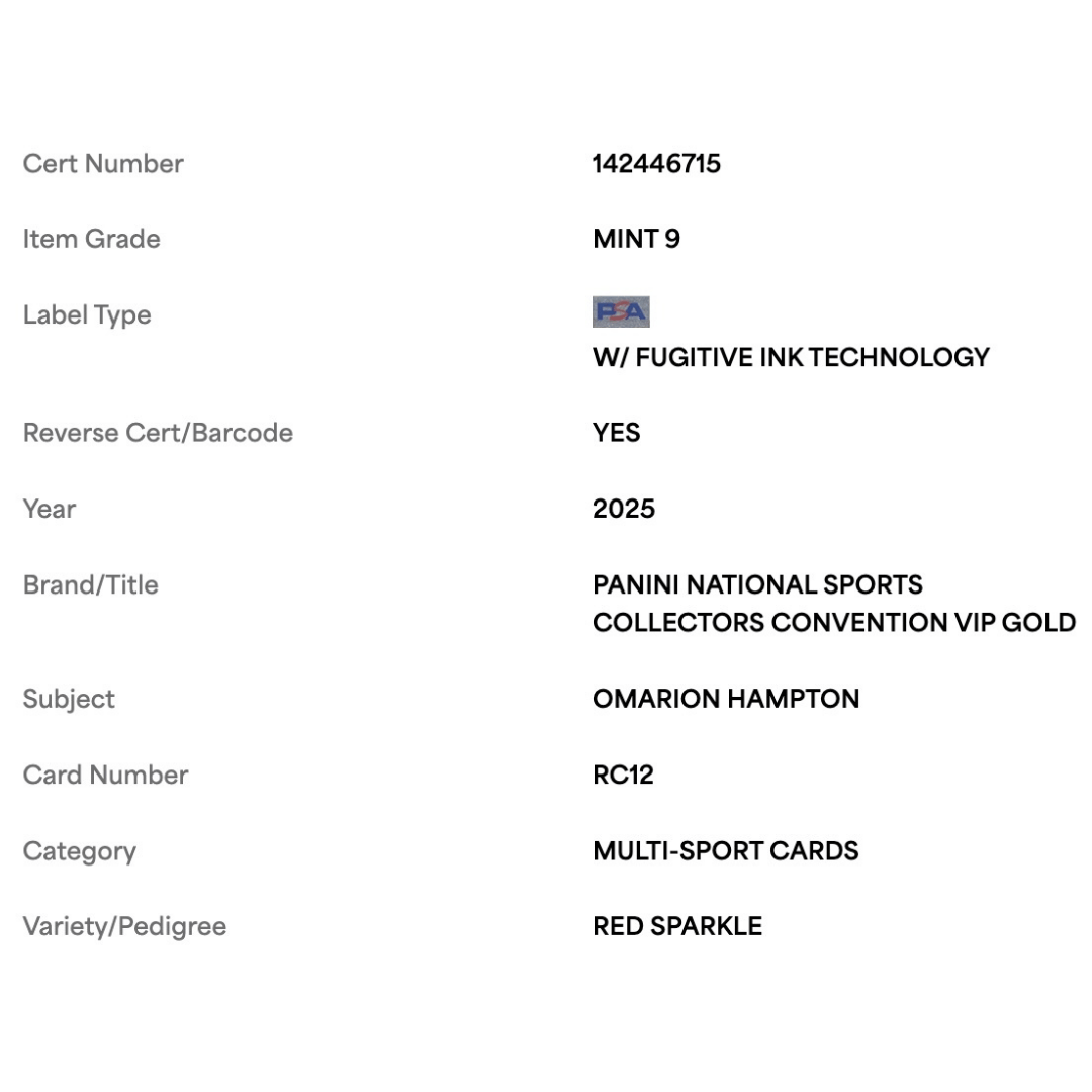 Omarion Hampton PSA 9 2025 Panini National Sports Collectors Convention VIP Gold Red Sparkle Rookie RC #d/ 99 Card #RC12