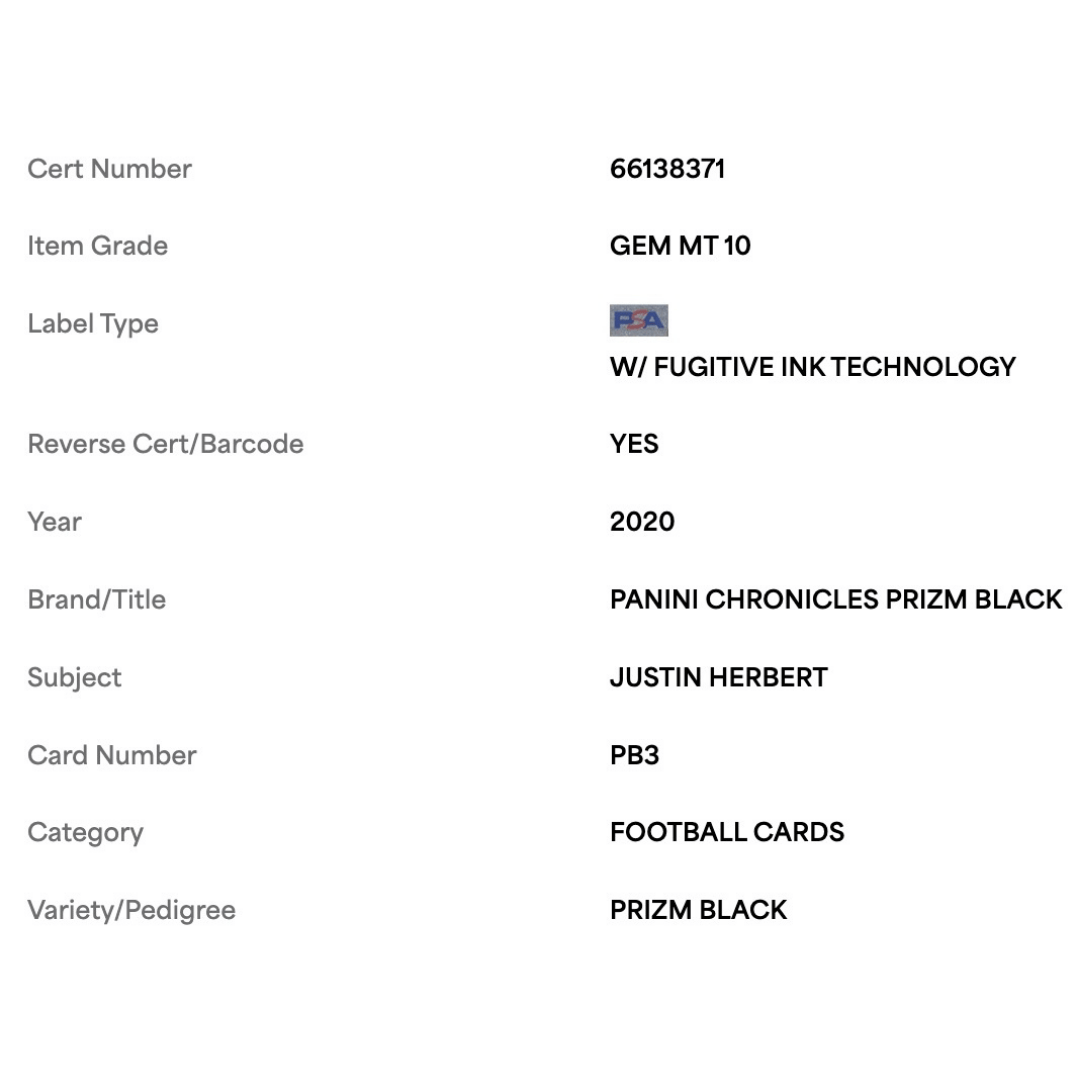 Justin Herbert PSA 10 2020 Panini Chronicles Prizm Black Rookie RC Card #PB3