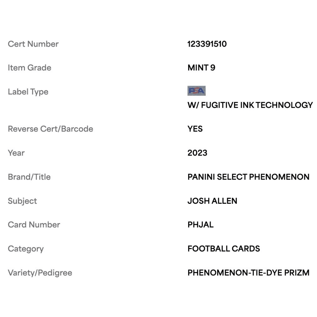Josh Allen PSA 9 2023 Panini Select Phenomenon Tie Dye Prizm #d/ 25 Card #PHJAL