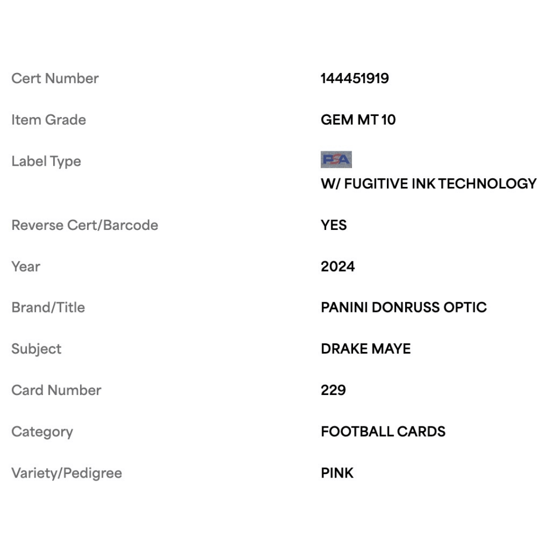 Drake Maye PSA 10 2024 Panini Donruss Optic Pink Rated Rookie Card #229