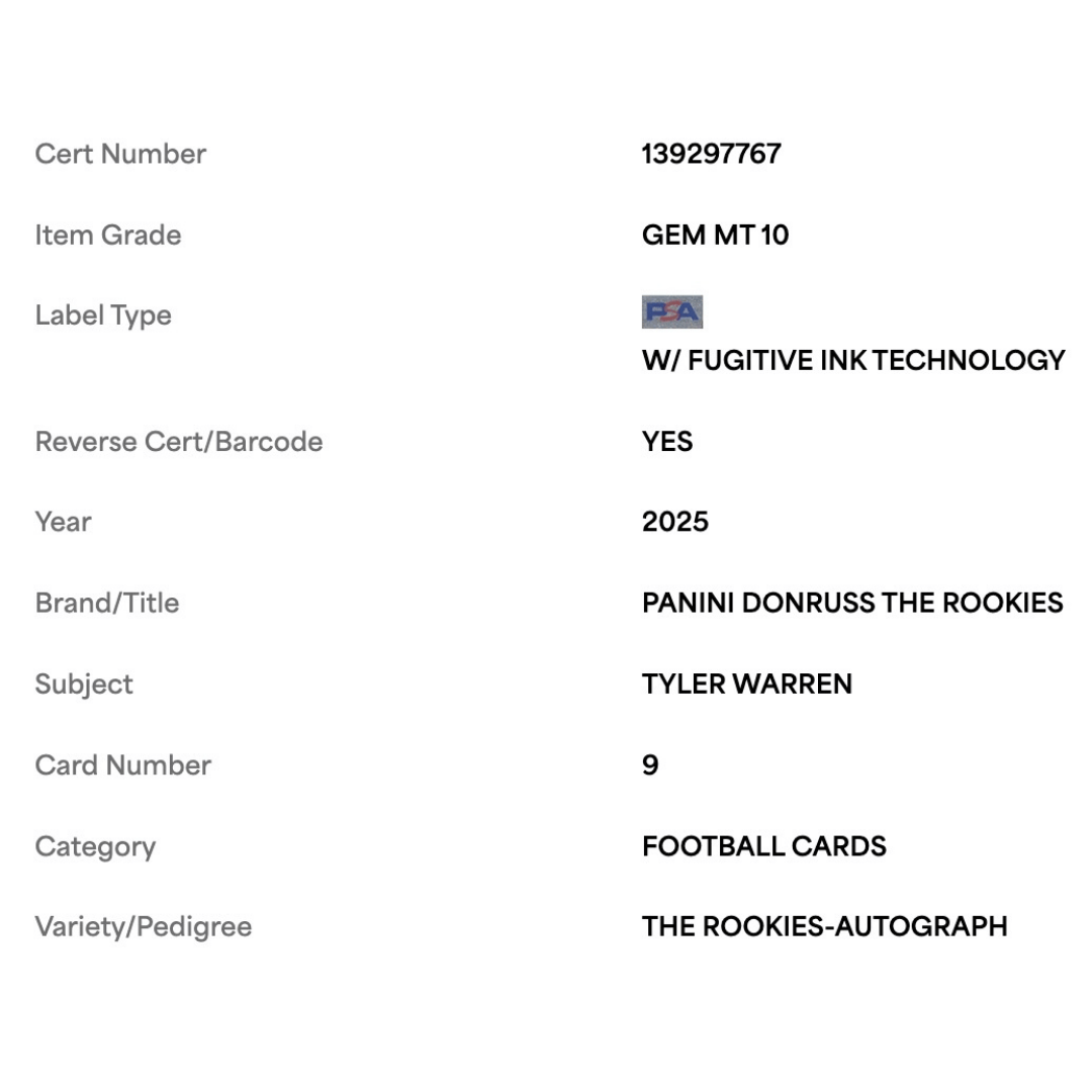 Tyler Warren PSA 10 2025 Panini Donruss The Rookies Autograph #d/ 299 Card #9