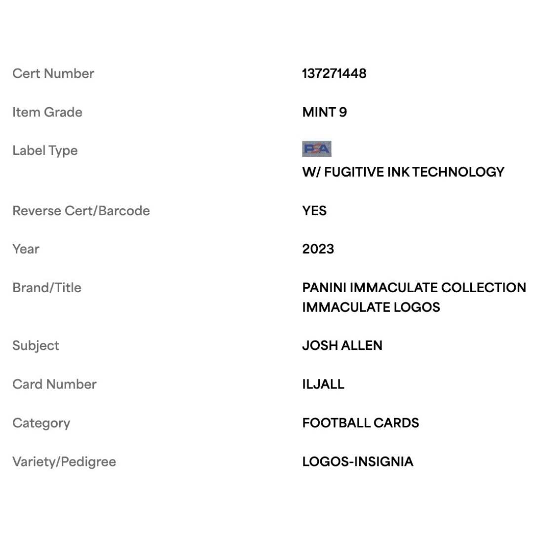 Josh Allen PSA 9 2023 Panini Immaculate Logos Insignia #d/ 5 Card #ILJALL