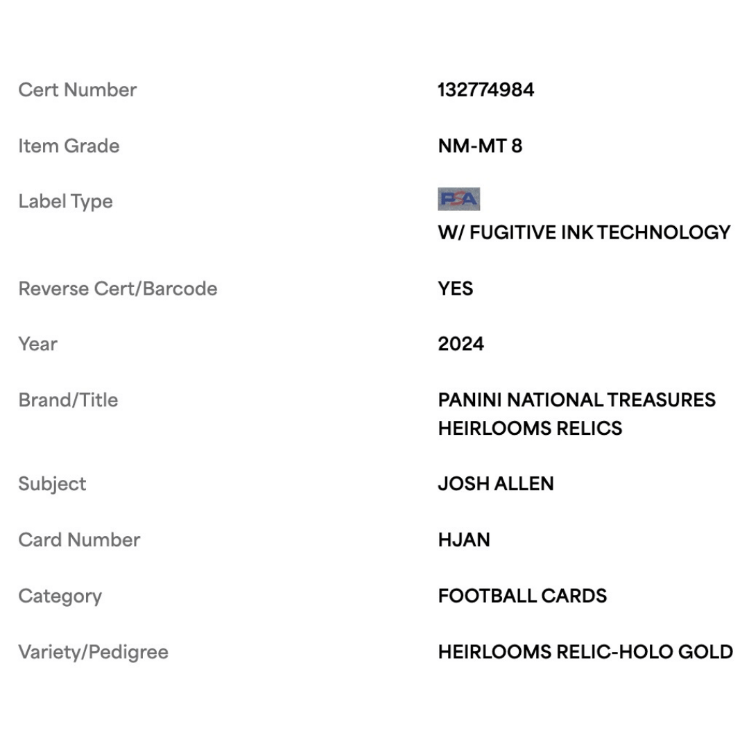 Josh Allen PSA 8 2024 Panini National Treasures Heirlooms Relic Patch Holo Gold #d/ 10 Card #HJAN