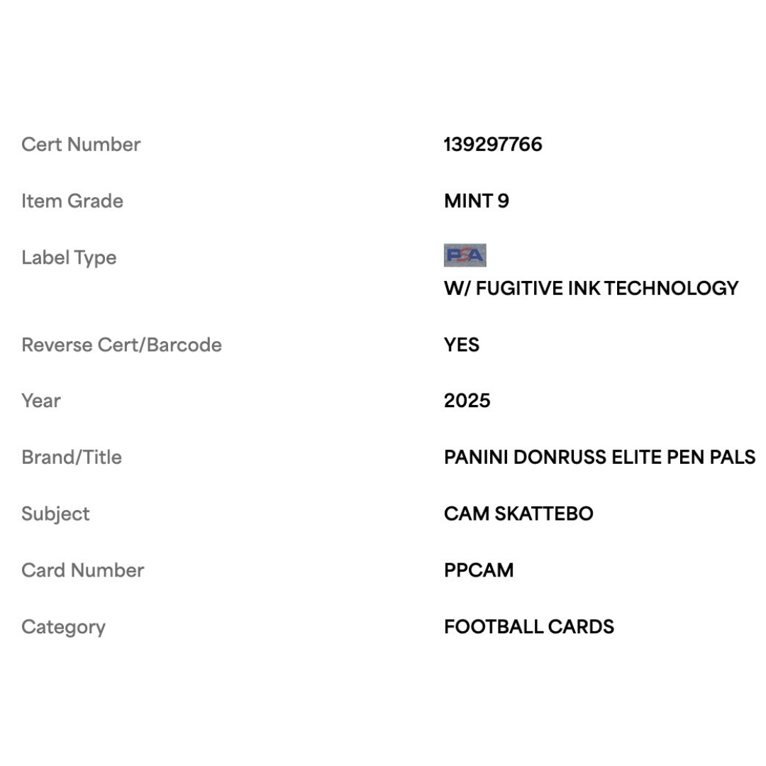Cam Skattebo PSA 9 2025 Panini Donruss Elite Pen Pals Rookie RC Card #PPCAM