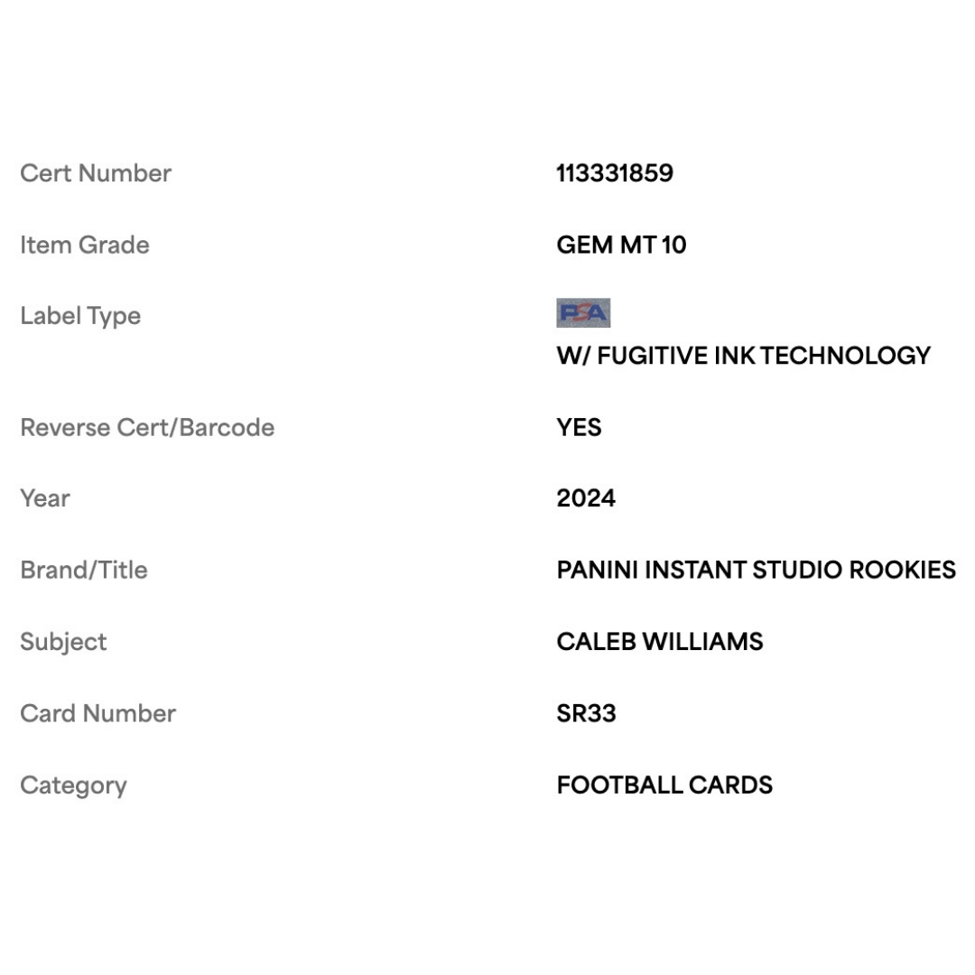 Caleb Williams PSA 10 2024 Panini Instant Studio Rookies #d/ 1672 Card #SR33