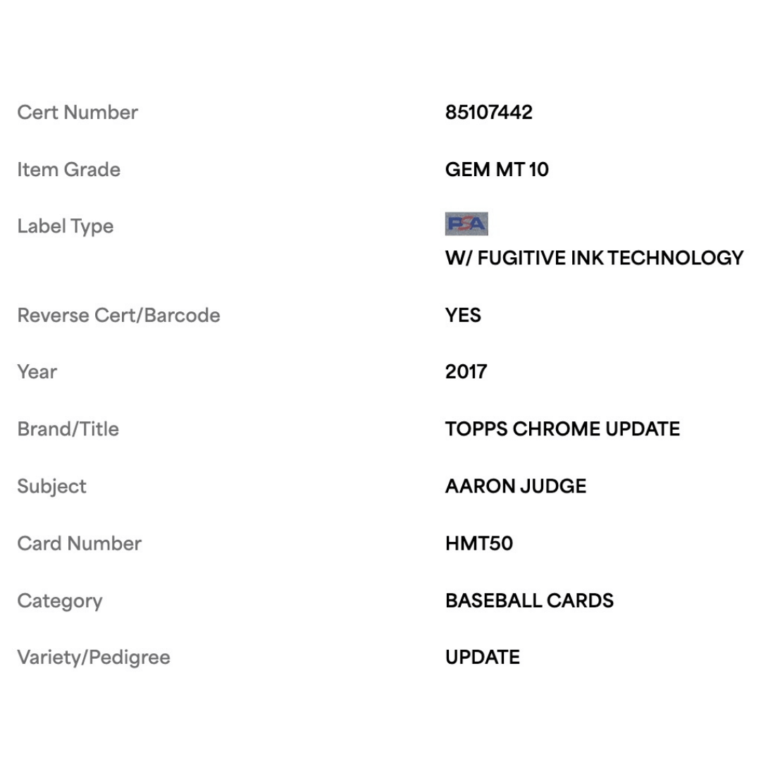 Aaron Judge PSA 10 2017 Topps Chrome Update Rookie RC Card #HMT50