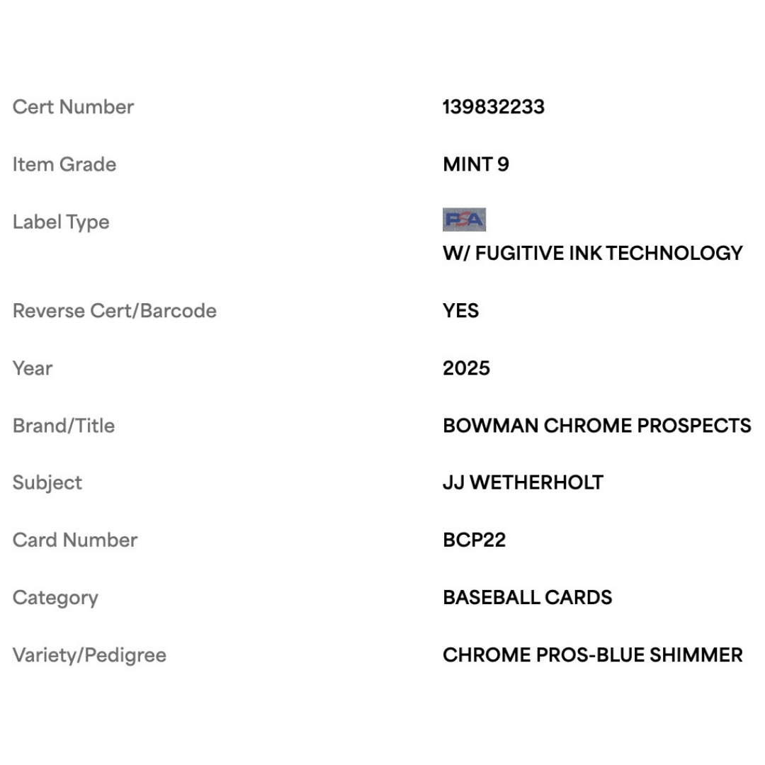 JJ Wetherholt PSA 9 2025 Topps Bowman Chrome Prospects Blue Shimmer #d/ 150 Card #BCP22