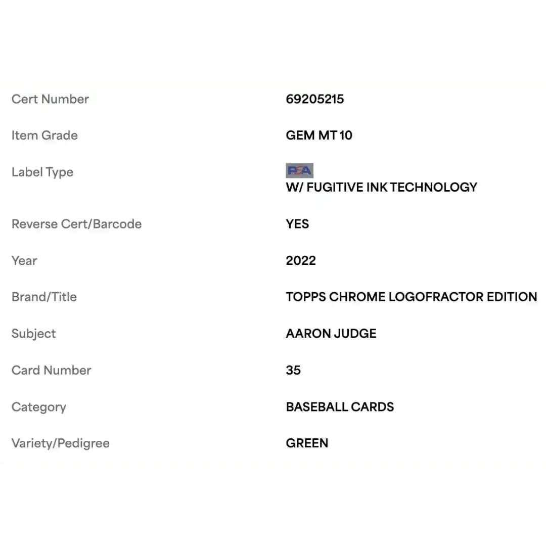 Aaron Judge PSA 10 2022 Topps Chrome Logofractor Edition Green #d/ 99 Card #35