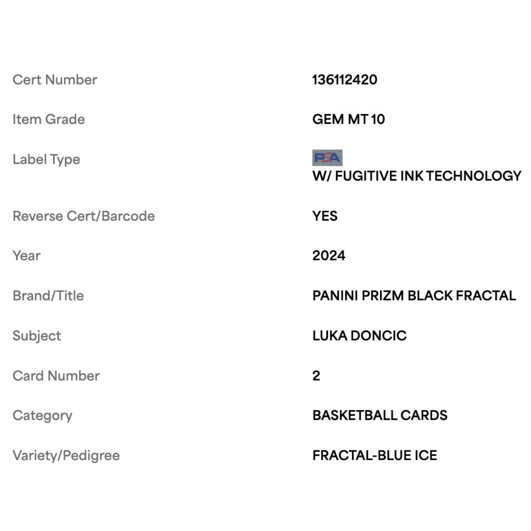 Luka Doncic PSA 10 2024 Panini Prizm Black Fractal Blue Ice #d/ 125 Card #2