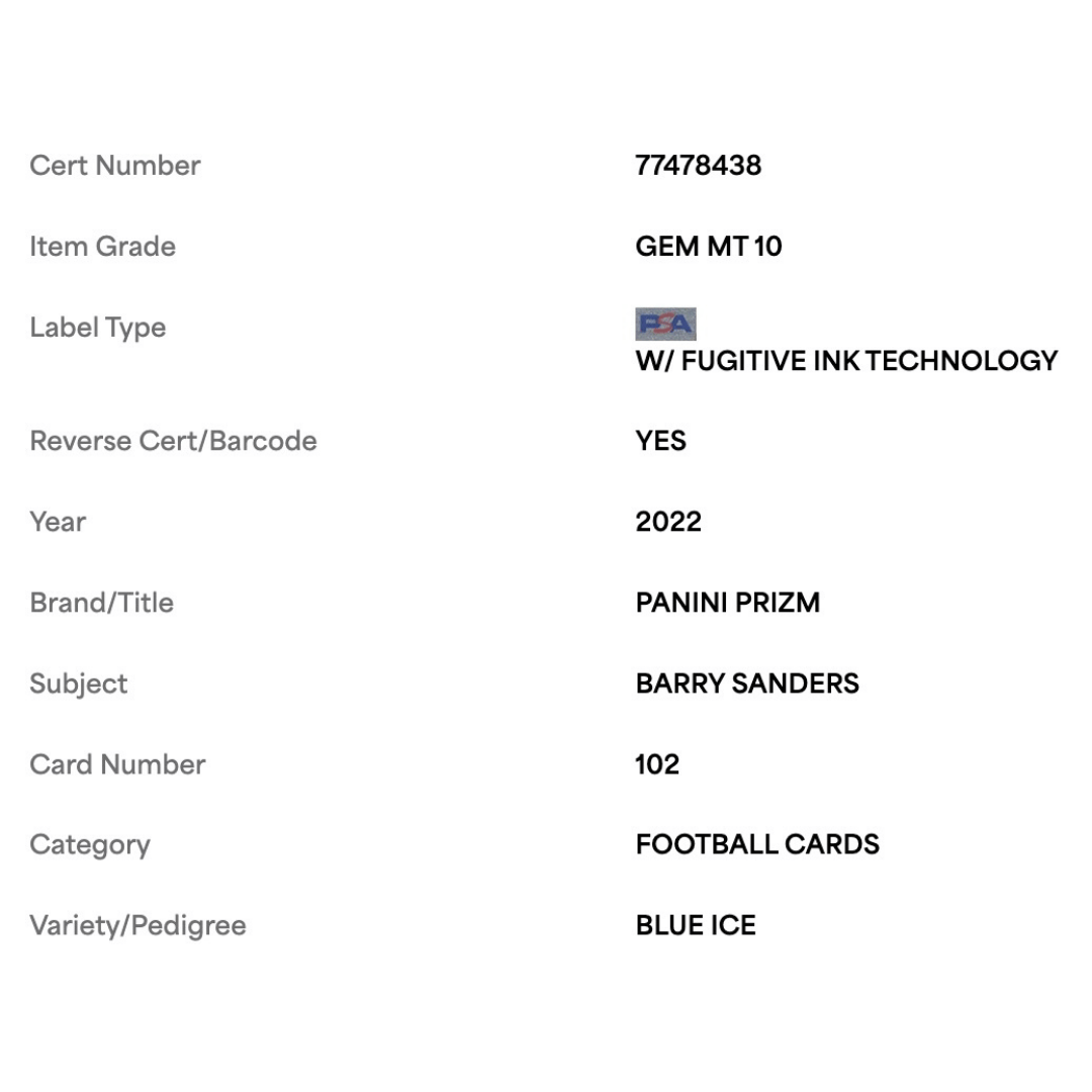 Barry Sanders PSA 10 2022 Panini Prizm Blue Ice #d/ 99 Card #102