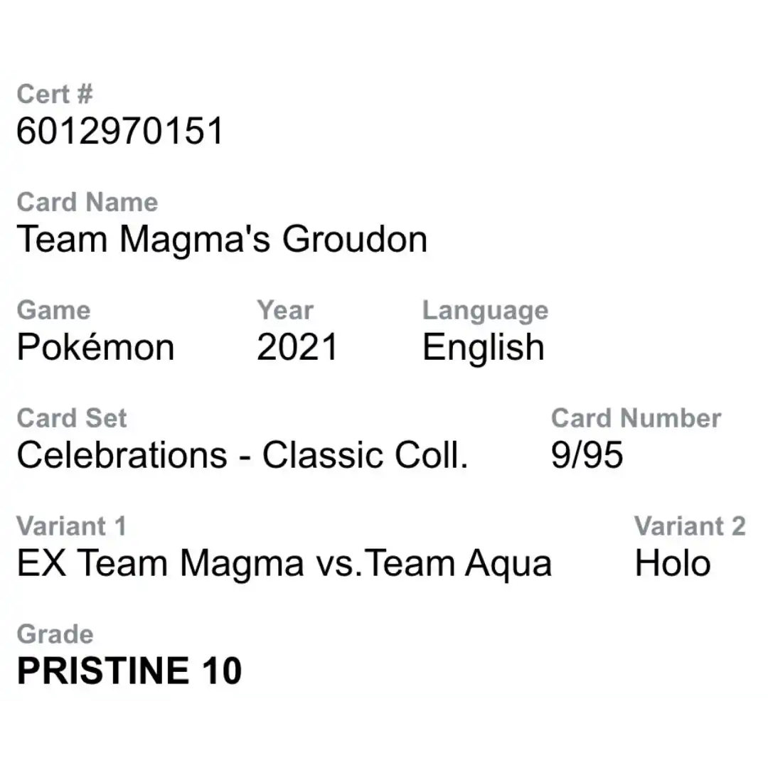 Team Magma's Groudon CGC 10 2021 Pokemon Celebrations Classic Collection Holo Card #9/95