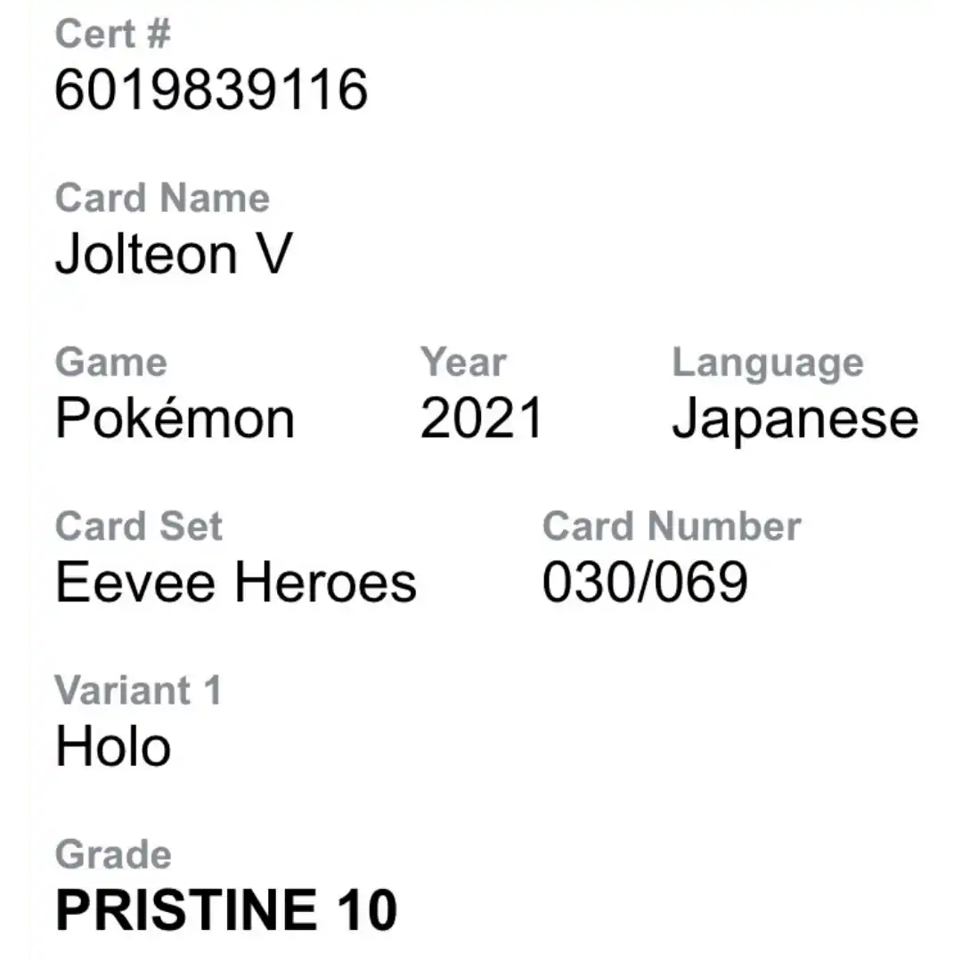 Jolteon V CGC 10 2021 Pokemon Japanese Eevee Heroes Holo Card #030/069