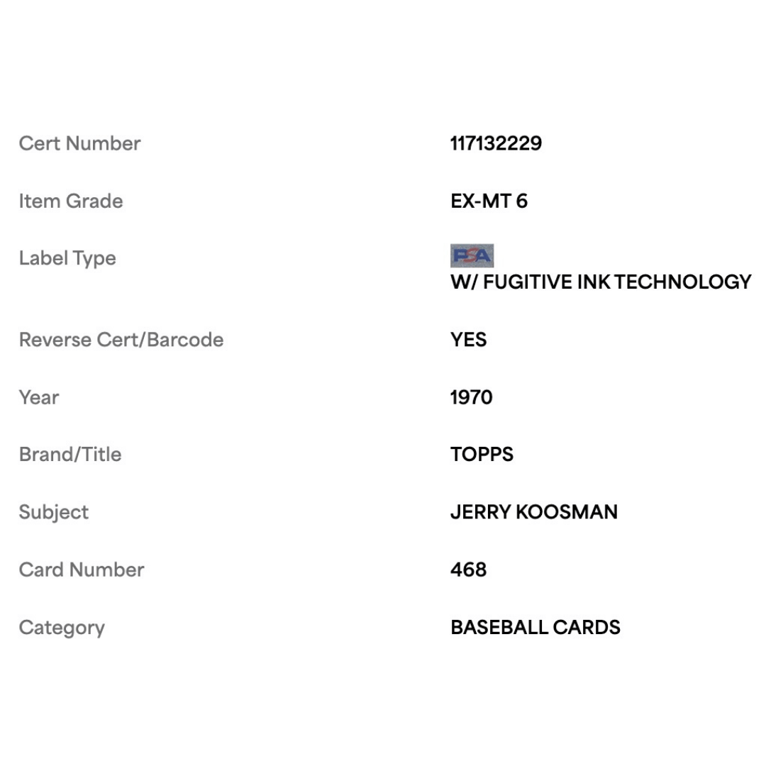 Jerry Koosman PSA 6 1970 Topps Card #468