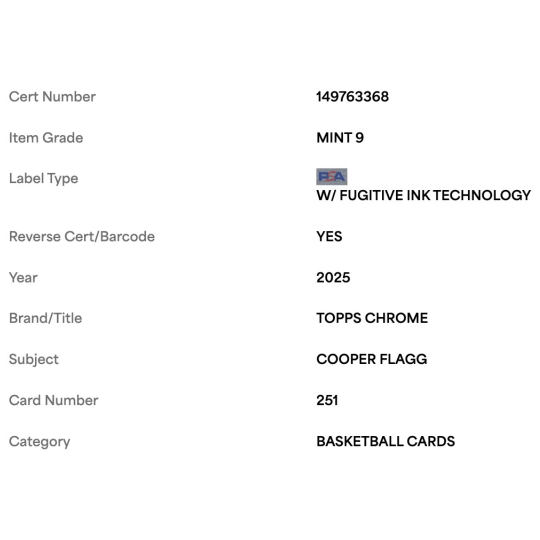 Cooper Flagg PSA 9 2025 Topps Chrome Rookie RC Card #251