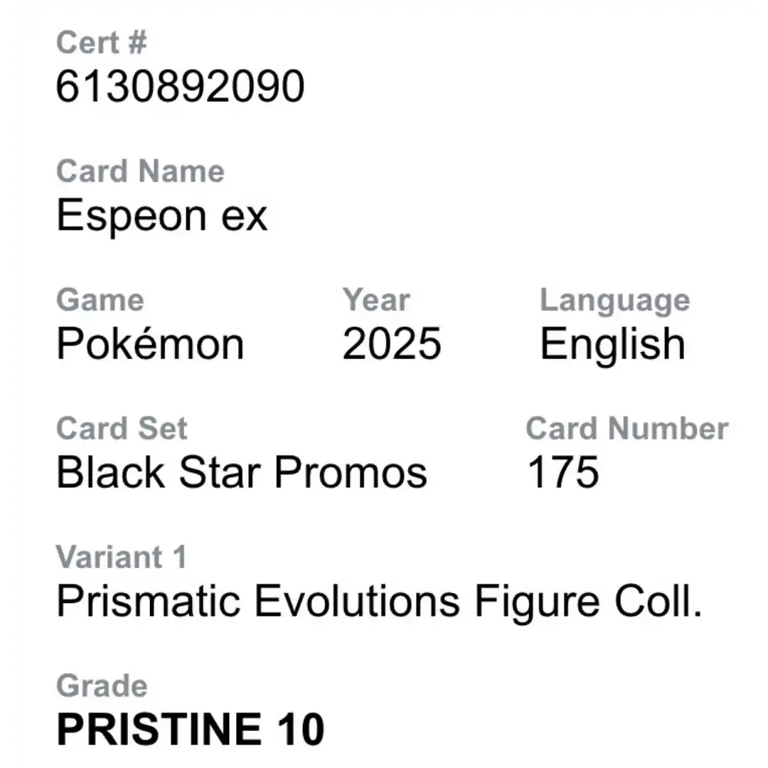 Espeon ex CGC 10 2025 Pokemon Prismatic Evolutions Figure Collection Black Star Promos Card #175