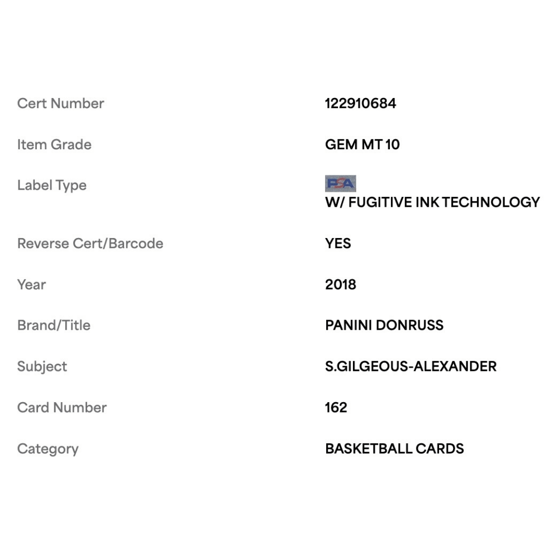 Shai Gilgeous-Alexander PSA 10 2018 Panini Donruss Rated Rookie Card #162