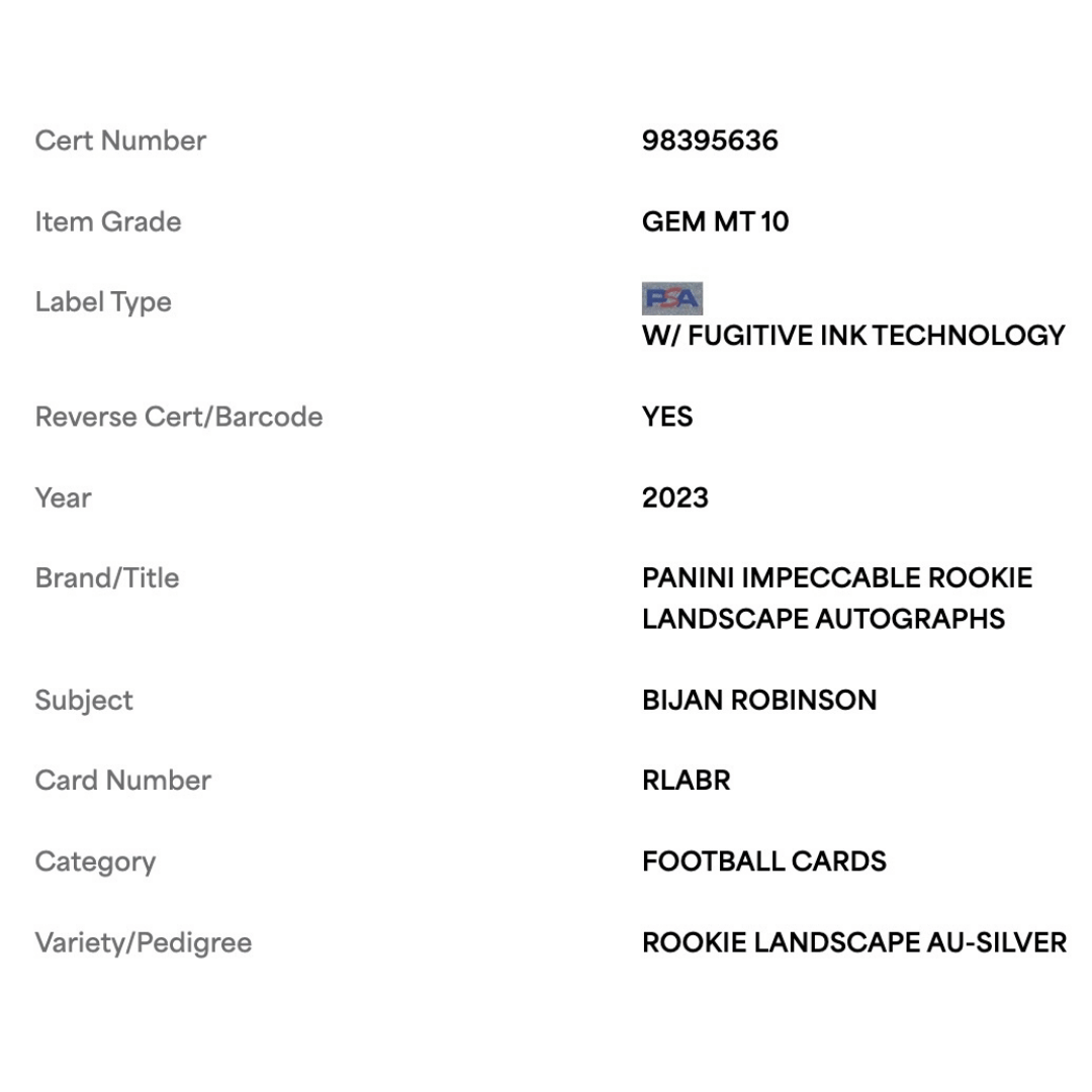 Bijan Robinson PSA 10 2023 Panini Impeccable Rookie Landscape Autograph Silver #d/ 75 POP 1 Card #RLABR