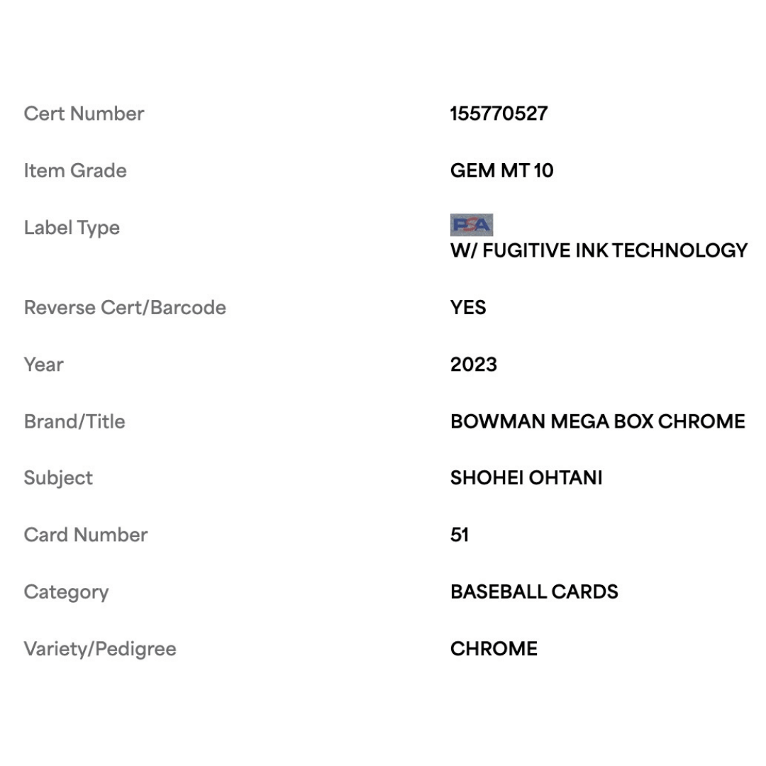 Shohei Ohtani PSA 10 2023 Bowman Mega Box Chrome Card #51