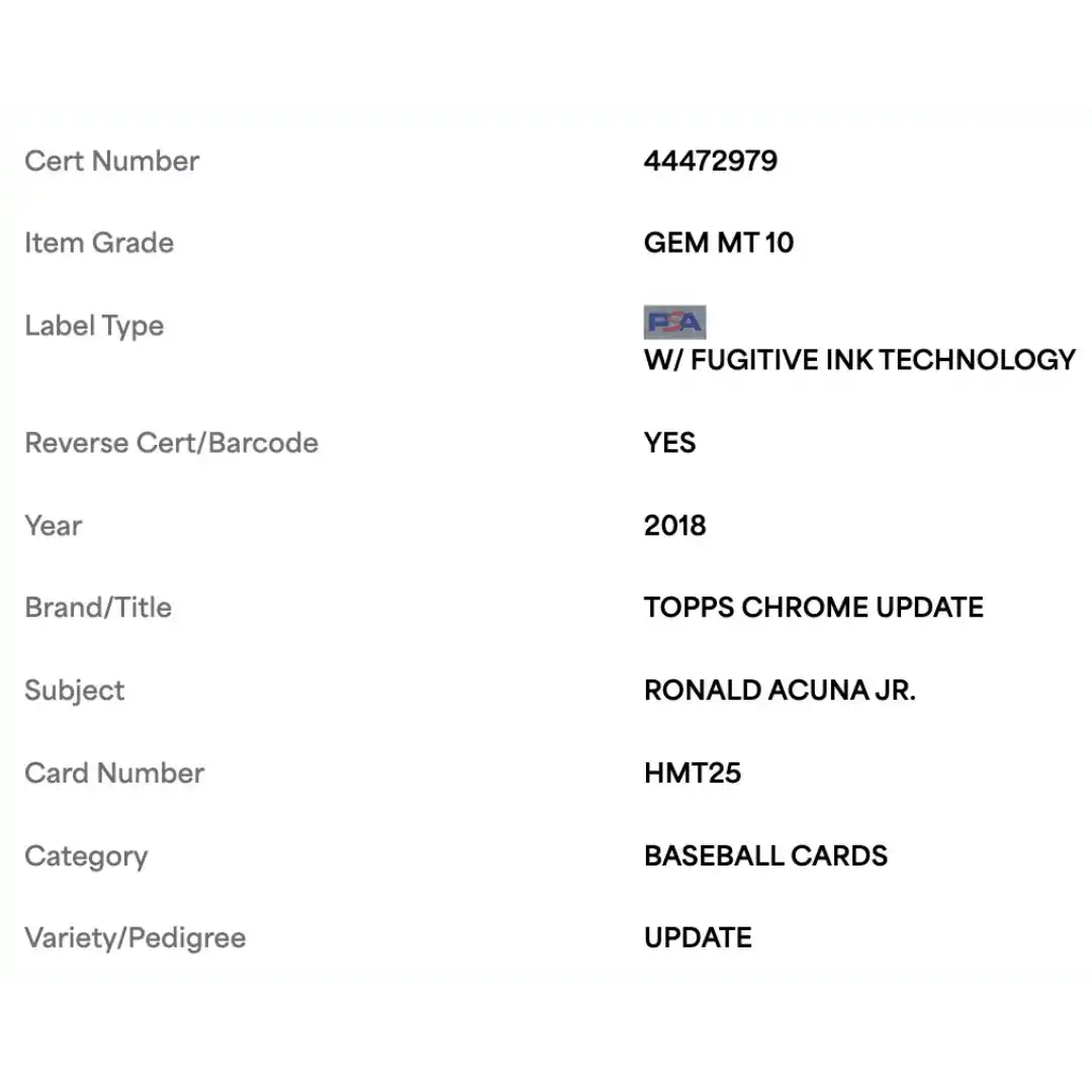 Ronald Acuna Jr PSA 10 2018 Topps Chrome Update Rookie RC Card #HMT25