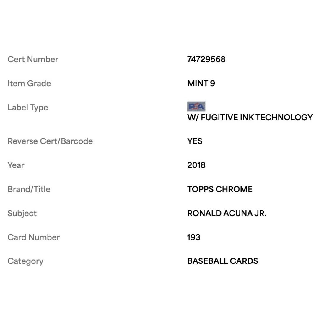 Ronald Acuna Jr PSA 9 2018 Topps Chrome Rookie RC Card #193