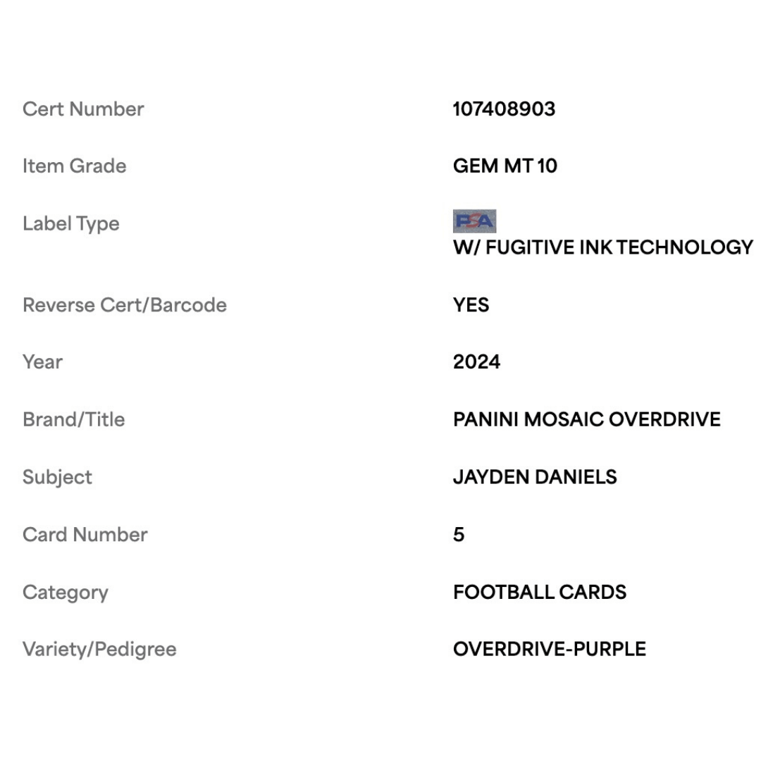 Jayden Daniels PSA 10 2024 Panini Mosaic Overdrive Purple Rookie RC #d/ 49 Card #5