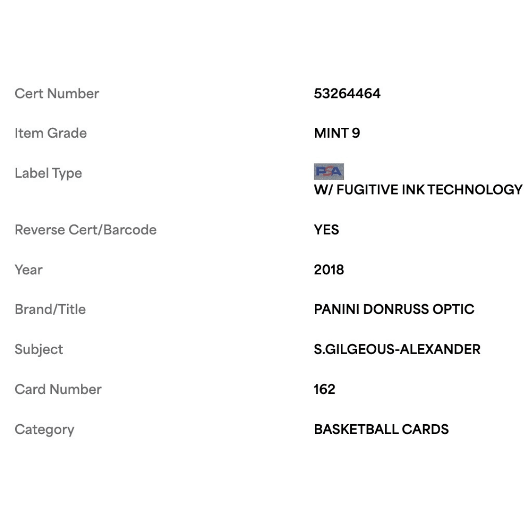 Shai Gilgeous-Alexander PSA 9 2018 Panini Donruss Optic Rated Rookie Card #162