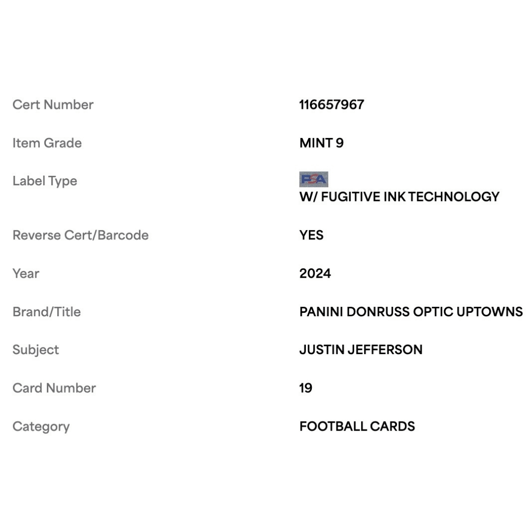 Justin Jefferson PSA 9 2024 Panini Donruss Optic Uptowns Card #19